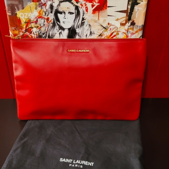 MINT!! Saint Laurent Red Lambskin Clutch/Pouch - Picture 1 of 12